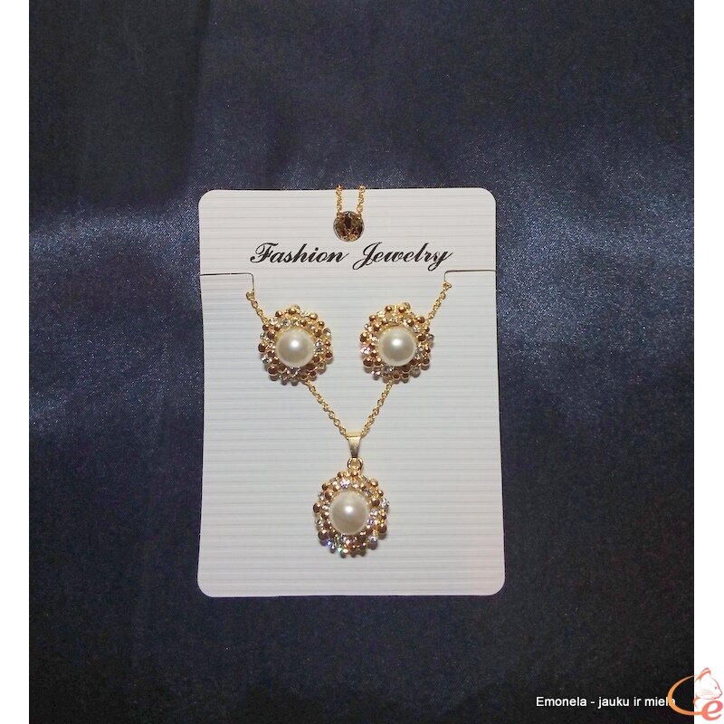 Rinkinys PEARL, kaklo vėrinys ir auskarai, perlai, aukso spalva Rinkinys PEARL, kaklo vėrinys ir auskarai, perlai, aukso spalva